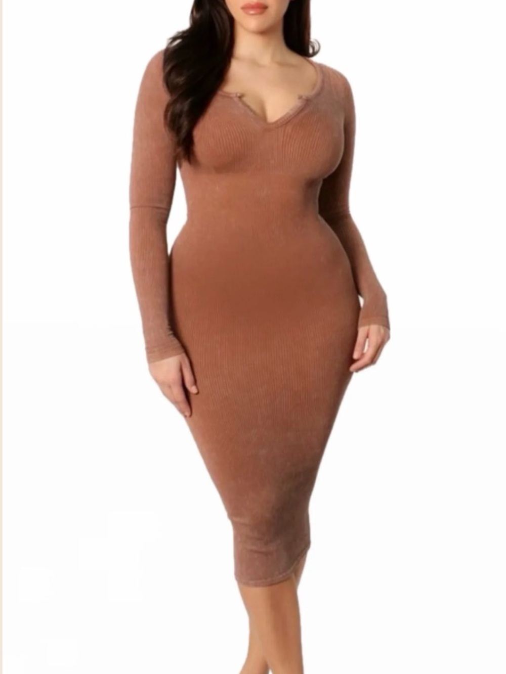 Daisy Long-Sleeve Ribbed Midi Dress in Brown